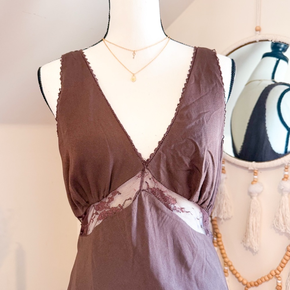 Wild Fable Chocolate Brown Lace Slip V-Neck Sleeveless Midi Dress - Picture 3 of 7